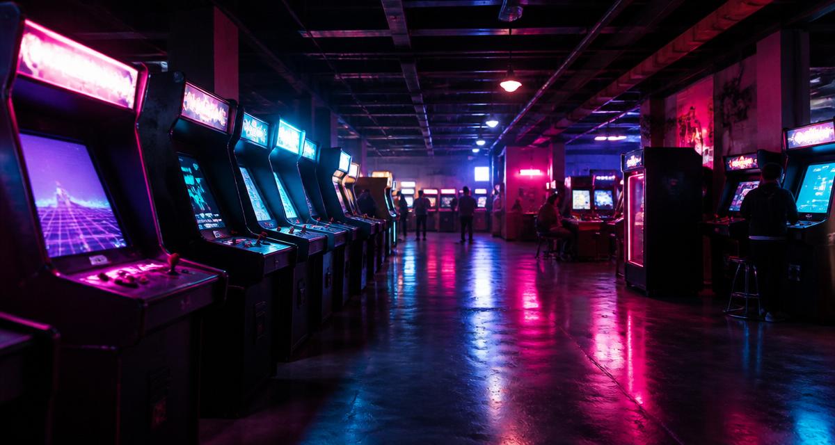 Neon-lit Slosehotel arcade hall with rows of glowing retro cabinets
